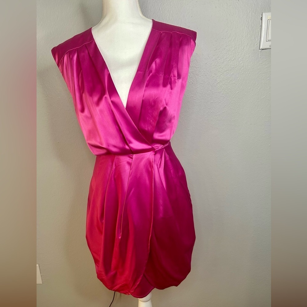 Vibrant Hot Pink Satin Wrap Mini Dress – NWT Size M ✨ - Picture 5 of 8